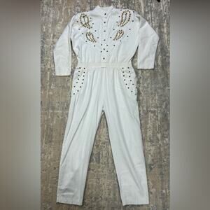 Vintage Rio Inc 1980s White Jumpsuit Gold Studded Embellishment Medium